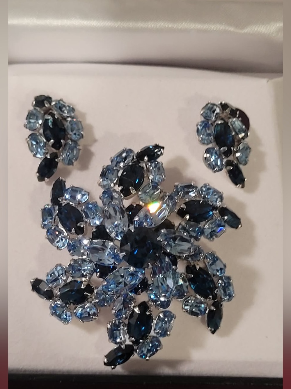 Vintage Sherman Blue Crystal Floral Brooch & Earrings Set